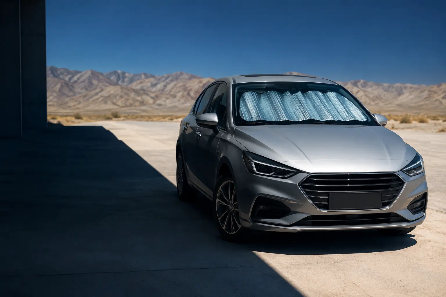 An unbranded silver car fitted with a plain windshield sun screen at the edge of a hard diagonal shadow in a desert setting